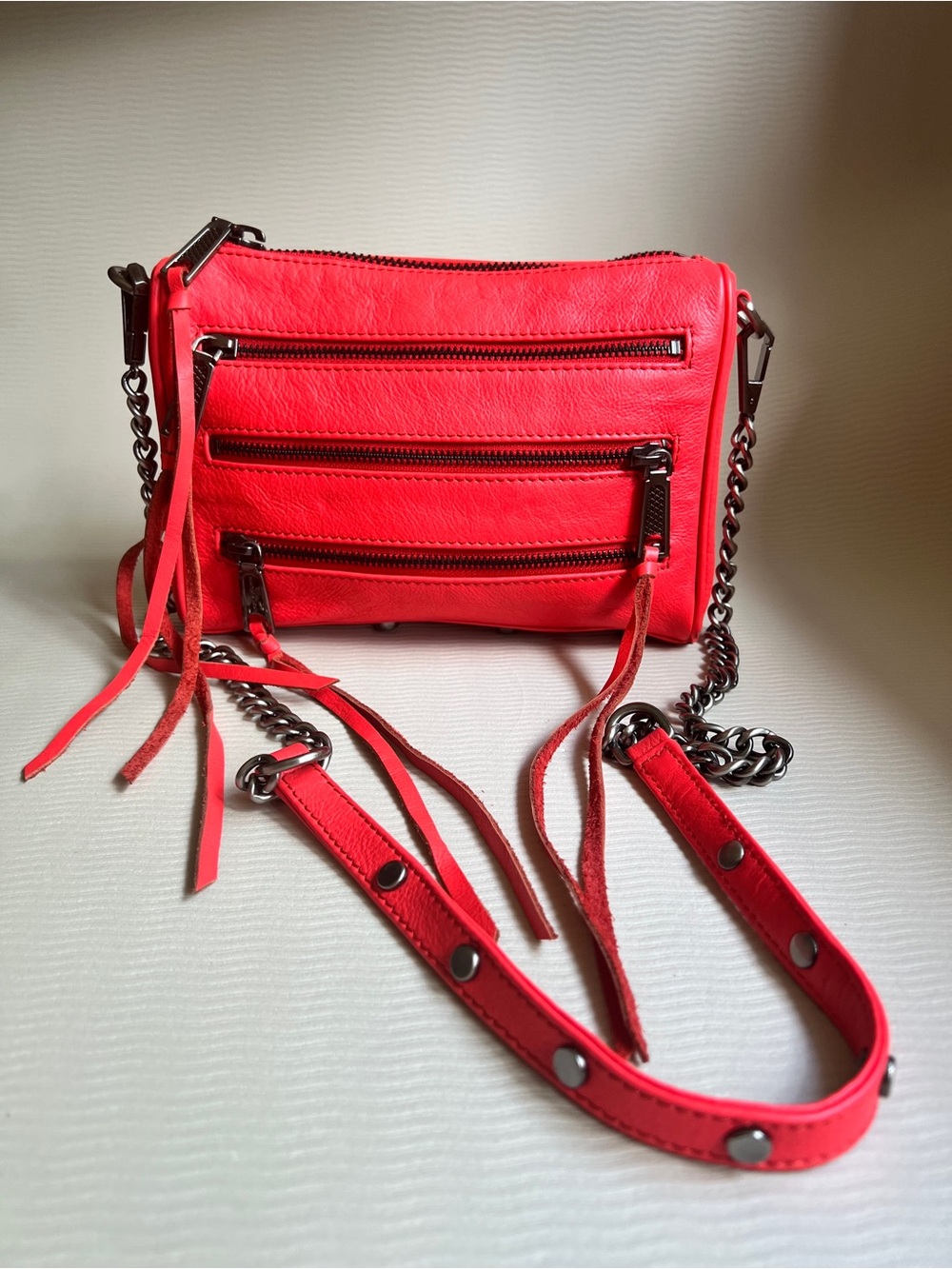 Rebecca Minkoff Mini 5 Zip Crossbody Neon Red Coral Leather Fringe Bag NWOT